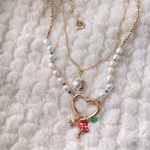 Betsey Johnson One Love Heart Charm Mushroom Smile Lips Necklace Rainbow - NWT - Picture 10 of 15